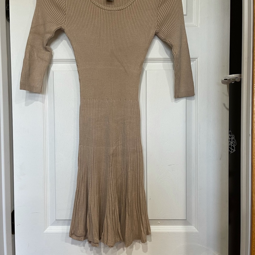 FREE w purchase knit skater dress, 3/4 sleeves, knee length, taupe color, pullon - Picture 4 of 12